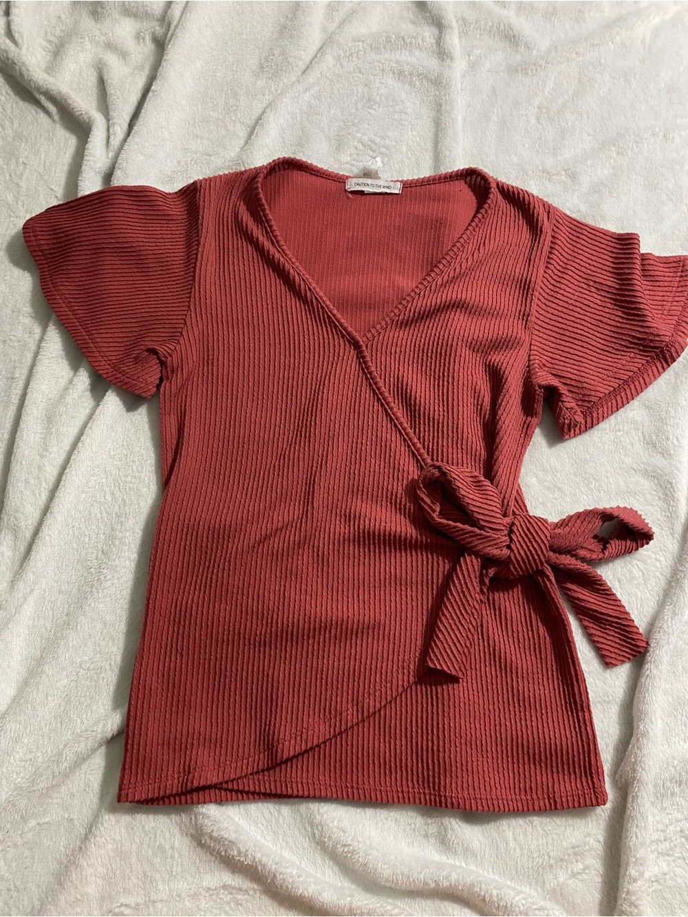 Caution To The Wind Ribbed Wrap Tie Top - Rust